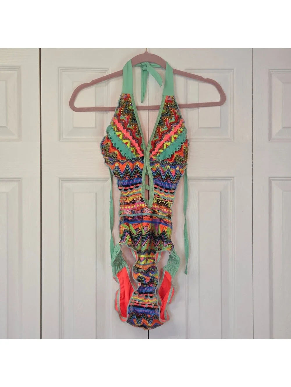 Vintage Y2K Beaded Geometric Print Swimsuit Boho Tropical Halter Deep Plunge